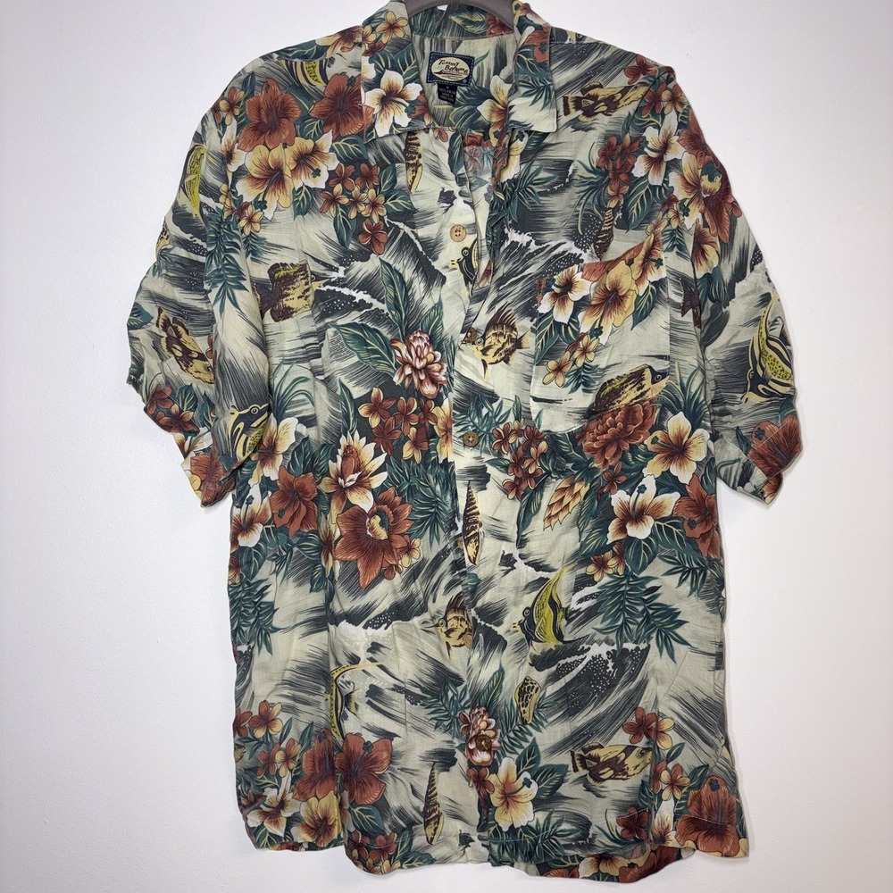 Vtg Tommy Bahama Hawaiian Shirt Mens M Tan Floral Fish Tropical Camp Aloha